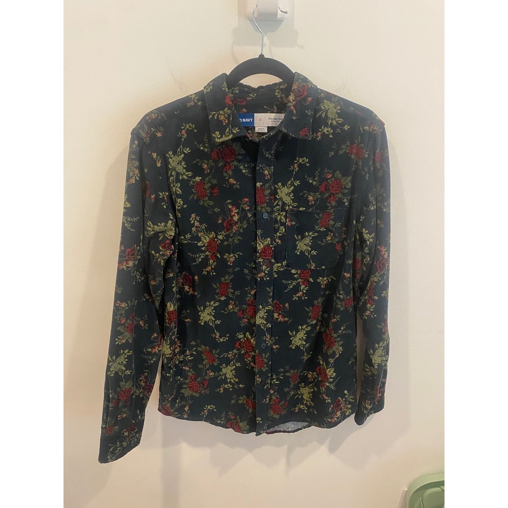 Mens Small Everyday Shirt Corduroy Floral Rose Dark Green Button Down